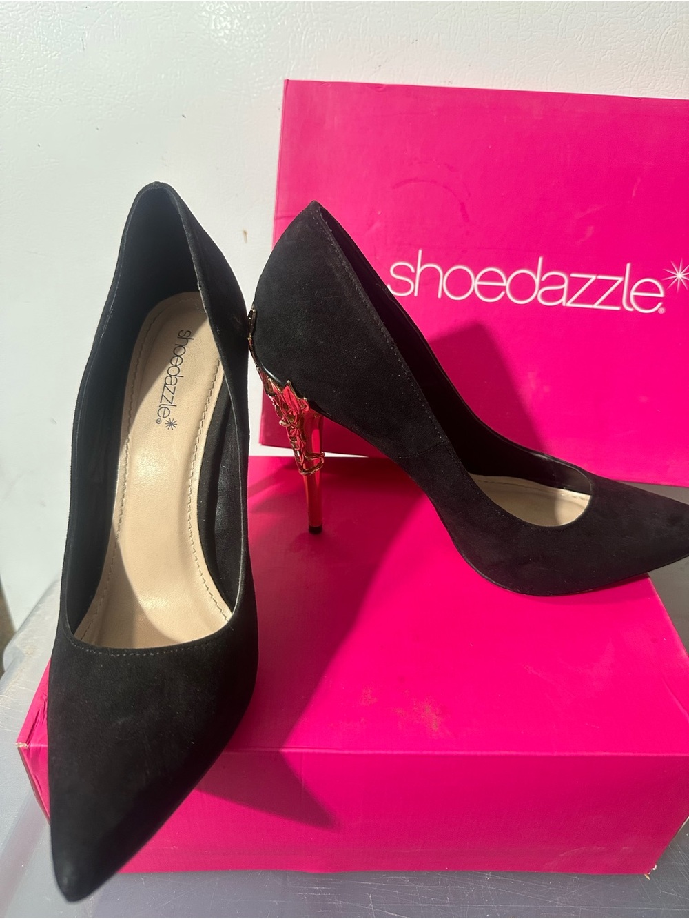 Shoe Dazzle Black Pointed Toe Stiletto Heels with Gold Accent